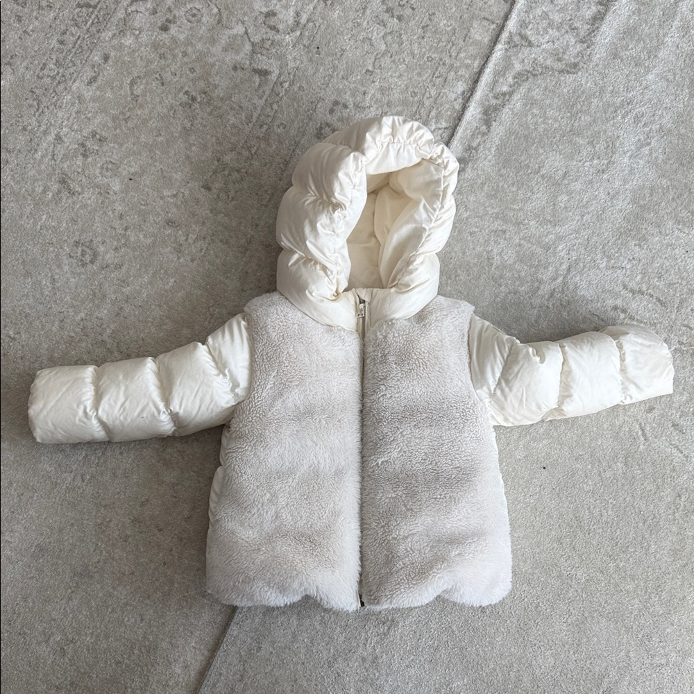 Moncler Cream Hooded Puffer with Faux Fur Front